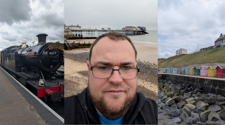 "Three-image collage showing a man on a coastal break: a heritage steam train at North Norfolk Railway, a selfie with Cromer Pier in the background, and a row of colourful beach huts by the seaside."
