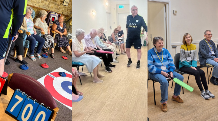 "Action for Family Carers day centre members enjoying fun seated activities, including indoor curling and Clock Cricket sessions, promoting physical activity and social interaction."