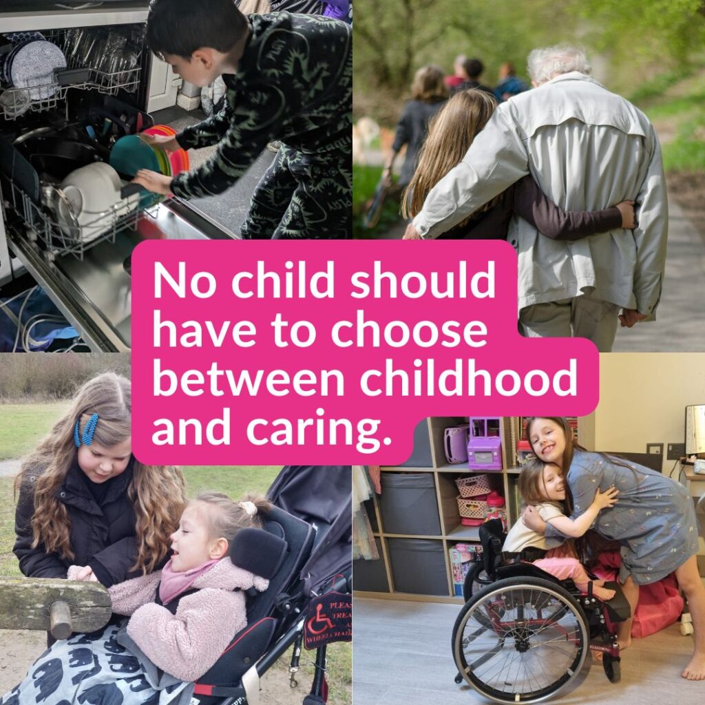"Collage of young carers helping at home, supporting siblings, and spending time with loved ones, with the message ‘No child should have to choose between childhood and caring.’ Support Action for Family Carers Young Carer Appeal."