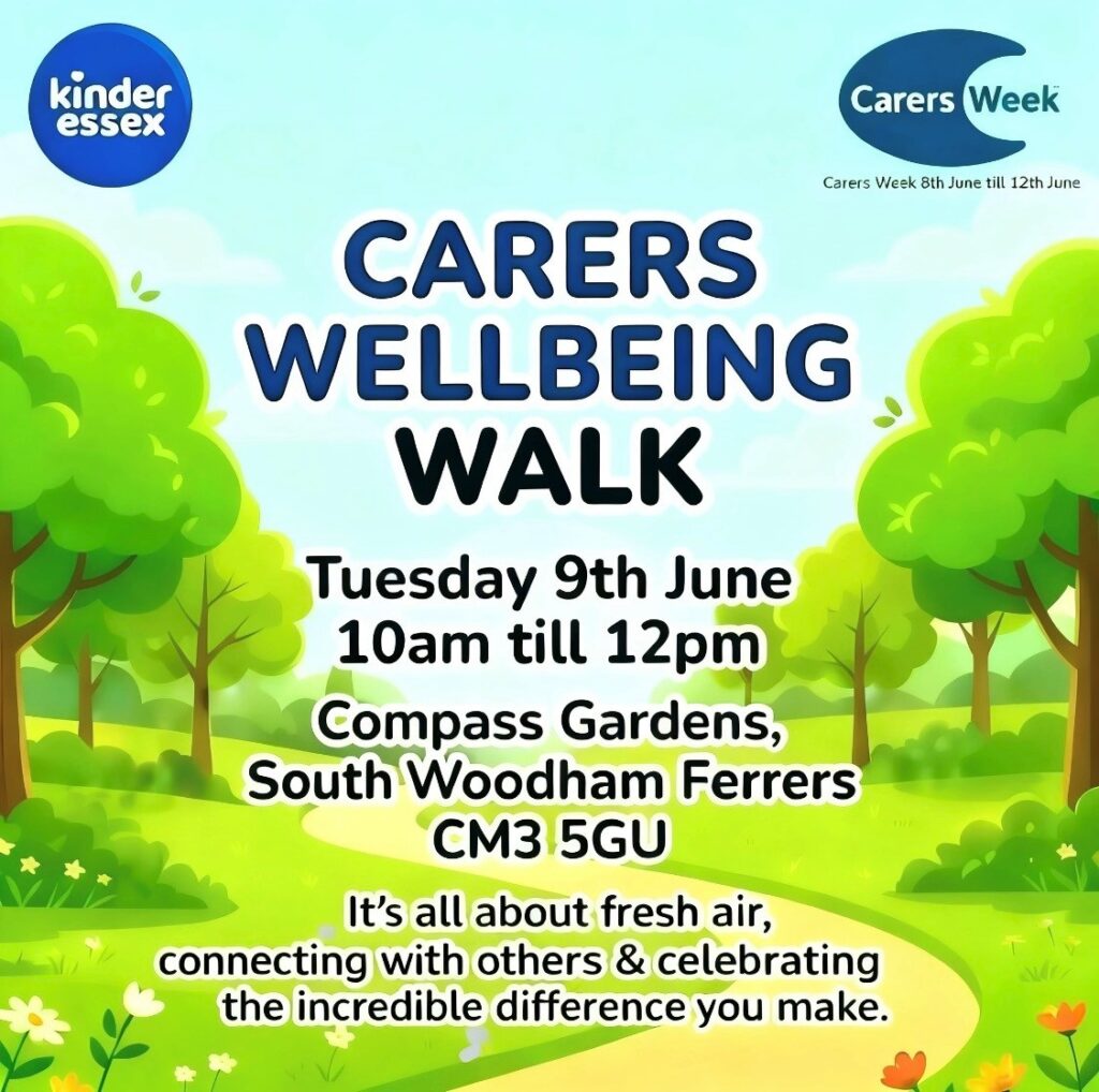 path with green tress and the text 'Carers wellbeing Walk'